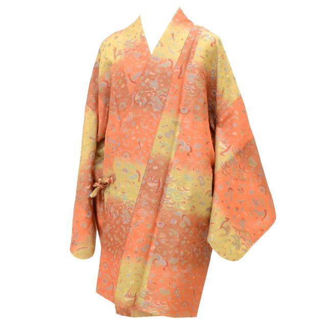 道中着 リサイクル着物 正絹 絹 ♥品 身丈88 cm 裄丈67.5 茶 宝尽くし 鳥 動物 ロング丈 SILK リユース uu 2127 b