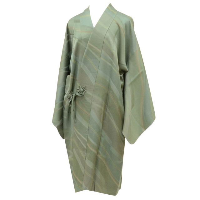 道中着 リサイクル着物 正絹 絹 身丈103 cm 裄丈68 緑 斜縞 ロング丈 SILK リユース uu 2126 b