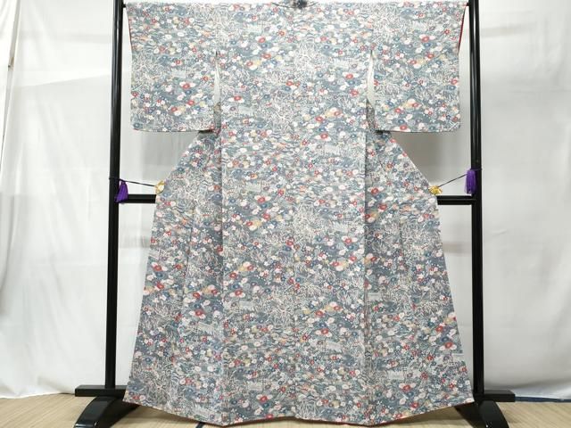 平和屋着物□上質な小紋 型染め 吉祥花文 鬼しぼ縮緬 正絹 逸品