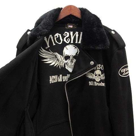 【中古】バンソン VANSON フライングスカル 刺繍 フェイクスエード ボンディング ダブルライダース ジャケット NVSZ-804 ブラック 黒 L バンソン VANSON フライングスカル 刺繍 フェイクスエード