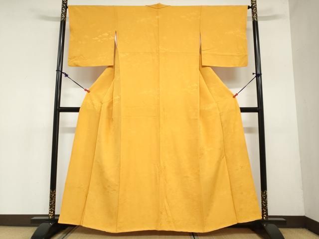 平和屋着物●上質な色無地 雲取り草花地紋 金茶色 正絹 ud