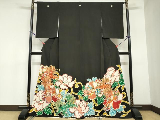 平和屋着物●セミアンティーク 大正ロマン 黒留袖 舞花文 唐獅子 金彩 ロング丈 正絹 ud