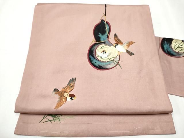 平和屋着物●アンティーク 大正ロマン 九寸名古屋帯 総刺繍 雀 瓢箪 正絹 hy