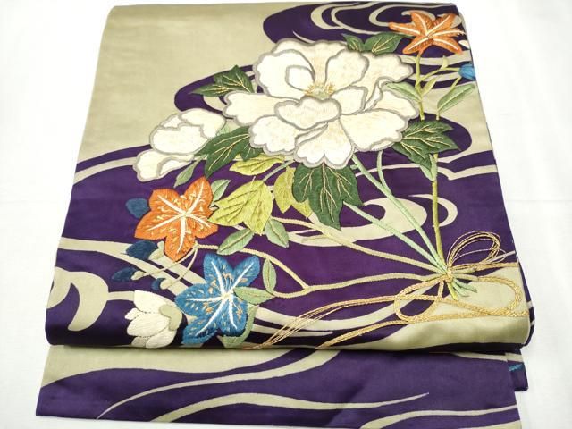 平和屋着物 アンティーク 大正ロマン 両面 六通柄袋帯 草花文 金糸 引き抜き帯 正絹 hy