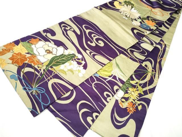 平和屋着物 アンティーク 大正ロマン 両面 六通柄袋帯 草花文 金糸 引き抜き帯 正絹 hy その他 着物 浴衣