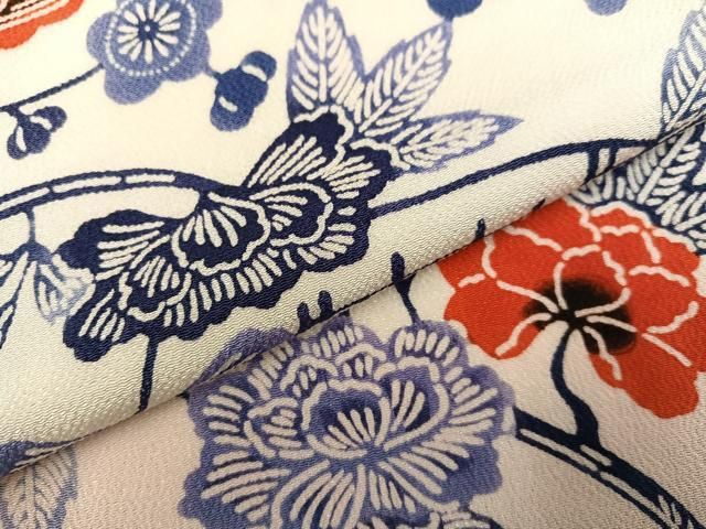 平和屋着物○上質な小紋 紅型 風景枝花文 鬼しぼ縮緬 正絹 逸品