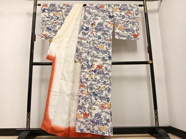 平和屋着物●紅型　小紋　立波風景文　正絹　逸品　AABC6124ck 平和屋着物○上質な小紋 紅型 風景枝花文 鬼しぼ縮緬 正絹 逸品