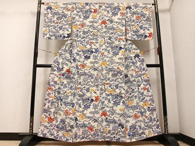 平和屋着物○上質な小紋 紅型 風景枝花文 鬼しぼ縮緬 正絹 逸品