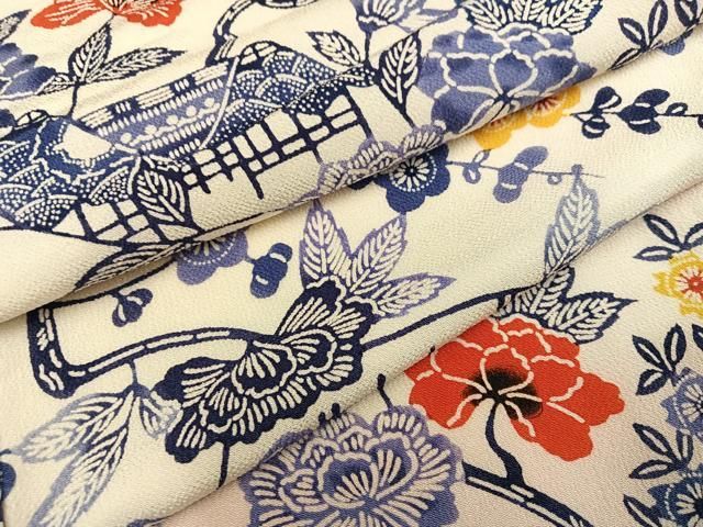 平和屋着物○上質な小紋 紅型 風景枝花文 鬼しぼ縮緬 正絹 逸品