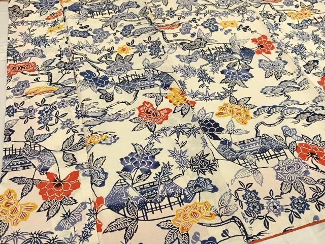 平和屋着物○上質な小紋 紅型 風景枝花文 鬼しぼ縮緬 正絹 逸品