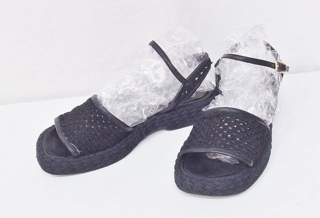 【182074】CHANEL シャネル フラット ストラップサンダル メッシュ 37 黒