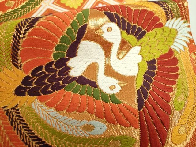 平和屋着物●西陣　河合美術織物謹製　六通柄袋帯　唐織　能衣錦　松竹梅　金糸　正絹　逸品　DAAZ0877ps 平和屋着物○西陣 河合美術織物謹製 六通柄袋帯 唐織 向かい鳥花文