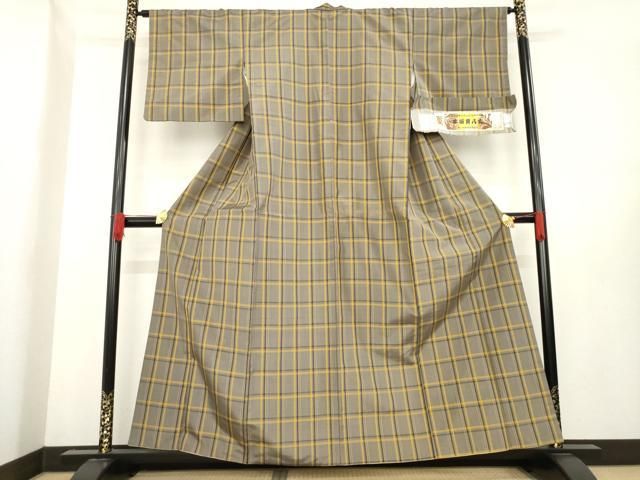 平和屋着物○本場黄八丈 平織 紬 格子 三越扱い 証紙付き 正絹 逸品