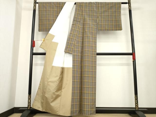 平和屋着物○本場黄八丈 平織 紬 格子 三越扱い 証紙付き 正絹 逸品