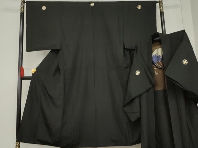 平和屋着物●男性 黒紋付 羽織セット 正絹 cs