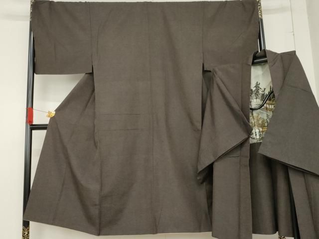 平和屋着物●男性 紬 アンサンブル 色無地 海松茶色 キングサイズ 正絹 cs