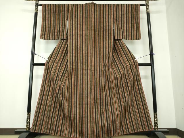 平和屋着物○こうげい紬 炉ばた織 工芸手織 間道 証紙付き 正絹 逸品