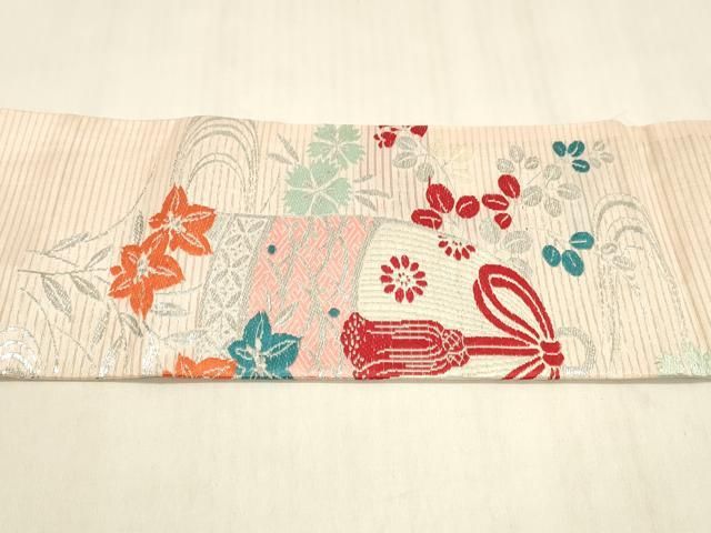  平和屋着物 夏物 アンティーク 大正ロマン 絽塩瀬 九寸名古屋帯 唐織 流水仕覆花文 銀糸 正絹 cm その他 着物 浴衣