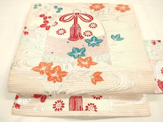 平和屋着物 夏物 アンティーク 大正ロマン 絽塩瀬 九寸名古屋帯 唐織 流水仕覆花文 銀糸 正絹 cm