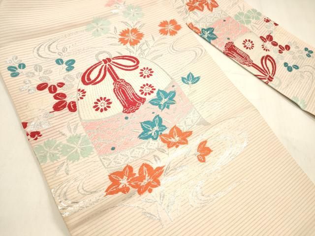 平和屋着物＊夏物 アンティーク 大正ロマン 絽塩瀬 九寸名古屋帯 唐織 流水仕覆花文 銀糸 正絹 cm