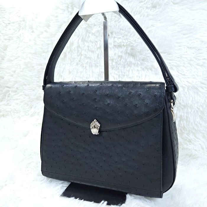 ク*ラ様 high-class オーストリッチレザー ブラック ハンドバッグ　2 美品】 ハイクラス HIGH CLASS オーストリッチ レザー 本革 2way
