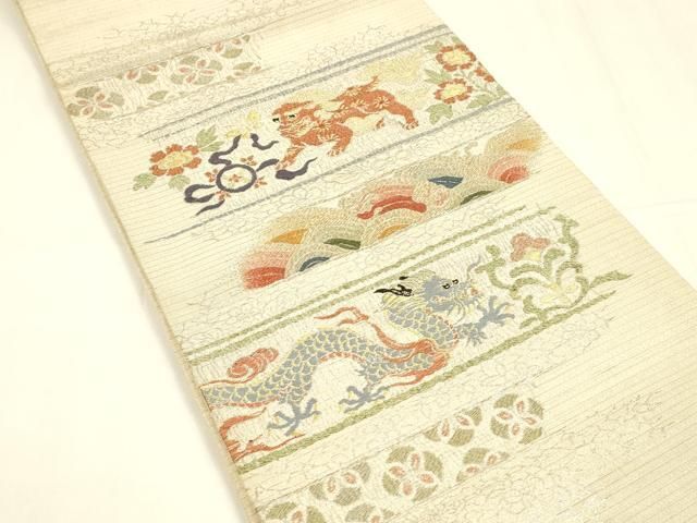 平和屋着物＊夏物 アンティーク 大正ロマン 九寸開き名古屋帯 横段花文 龍 唐獅子 金銀糸 正絹 cm