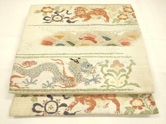 平和屋着物 夏物 アンティーク 大正ロマン 九寸開き名古屋帯 横段花文 龍 唐獅子 金銀糸 正絹 cm