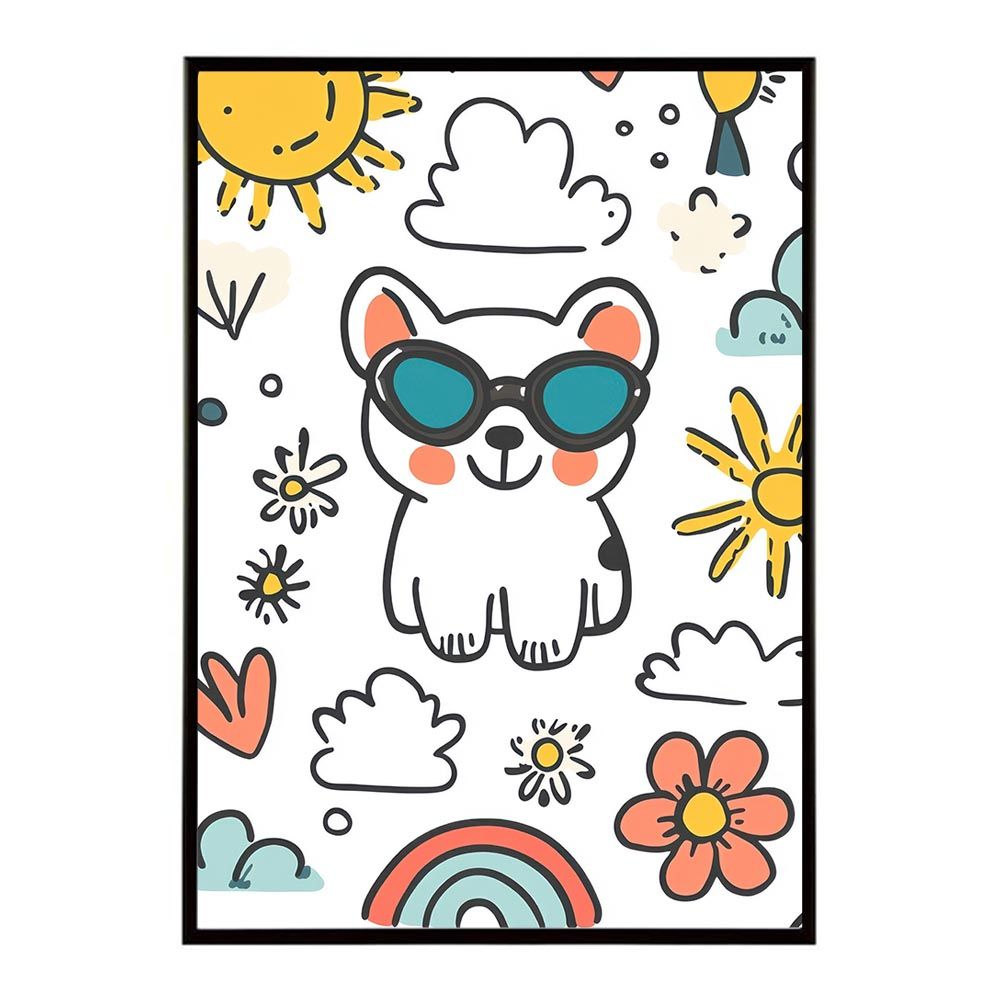 【B2サイズ（約51x73cm）】【lh-poster-10418】キッズルーム 可愛い 絵本風 カラフル ポップアート レトロ キャラクター キュート ウサギ ネコ 子供部屋 動物 楽しい ポスター フレーム付き