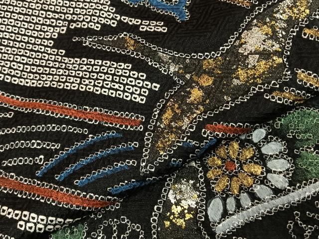 平和屋着物●豪華振袖　総絞り　熨斗花鳥文　黒地　金銀彩　正絹　逸品　AABD8778fy 平和屋着物○豪華振袖 総絞り 熨斗花鳥文 黒地 金銀彩 正絹 逸品