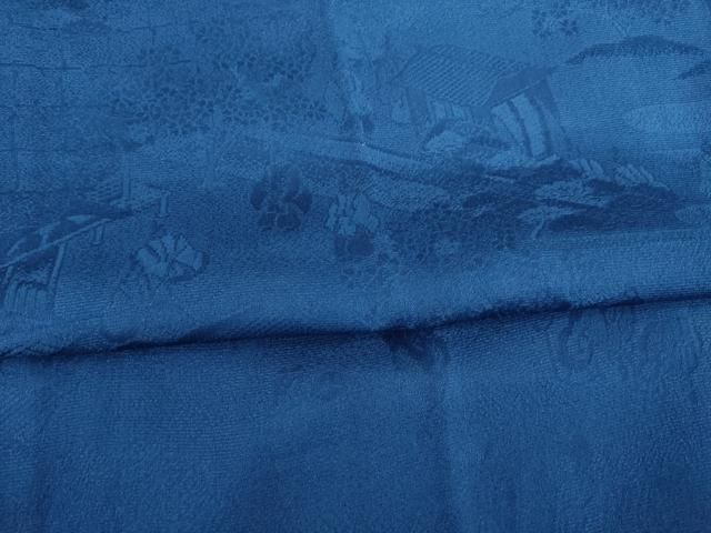 平和屋着物●長襦袢　無双仕立て　人物風景地紋　天然阿波藍染　濃藍色　丹後ちりめん　反端付き　正絹　逸品　AABE2473ck 平和屋着物○長襦袢 無双仕立て 人物風景地紋 天然阿波藍染 濃藍色