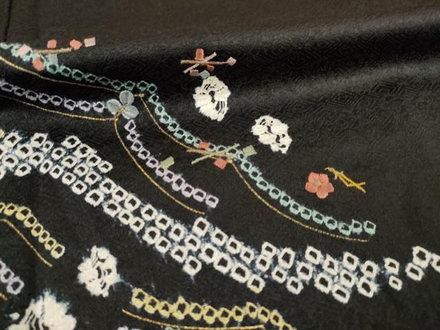 平和屋着物○訪問着 絞り 刺繍 舞花文 黒地 金彩 正絹 逸品 AABE2495ck