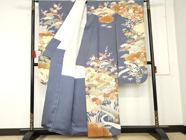平和屋着物●創業460年・千總　振袖　駒刺繍　雲取り渡り橋風景文　金彩　正絹　逸品　AABE2753cs 平和屋着物○創業460年・千總 振袖 駒刺繍 雲取り渡り橋風景文 金彩