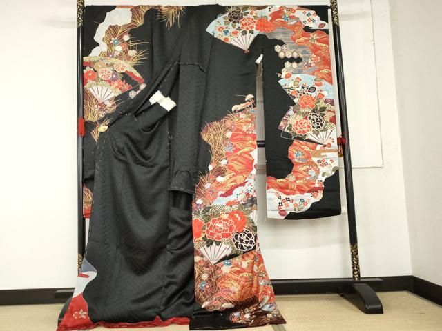 平和屋着物●豪華振袖　駒刺繍　扇面吉祥花文　上代73万　黒地　銀彩　丹後ちりめん　仮絵羽　逸品　未使用　AABE2756cs 平和屋着物○豪華振袖 駒刺繍 扇面吉祥花文 上代73万 黒地 銀彩 丹後