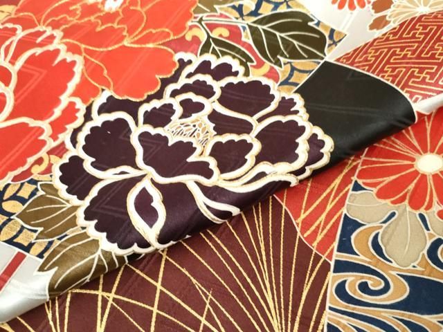 平和屋着物○豪華振袖 駒刺繍 扇面吉祥花文 上代73万 黒地 銀彩 丹後