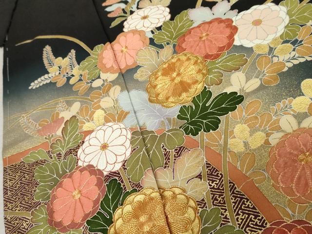 平和屋着物○京友禅の第一人者 松井青々 黒留袖 駒刺繍 流水枝花文