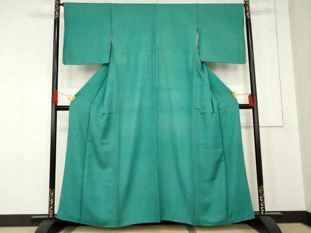 平和屋着物 上質な色無地 鳳凰草花地紋 青緑色 正絹 cs