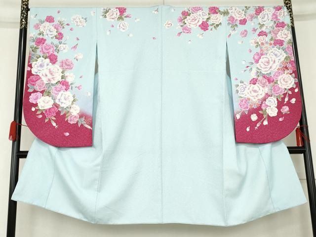 平和屋着物○小振袖 二尺袖 刺繍 草花文 薔薇 バラ 暈し染め 金彩