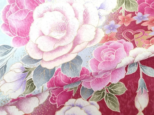 平和屋着物○小振袖 二尺袖 刺繍 草花文 薔薇 バラ 暈し染め 金彩