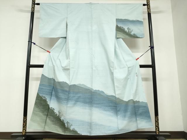 平和屋着物●紅花紬　米沢　新田秀次　訪問着　紬地　遠山風景文　正絹　逸品　DAAZ7700ud 平和屋着物○紅花紬 米沢 新田秀次 訪問着 紬地 遠山風景文 正絹 逸品