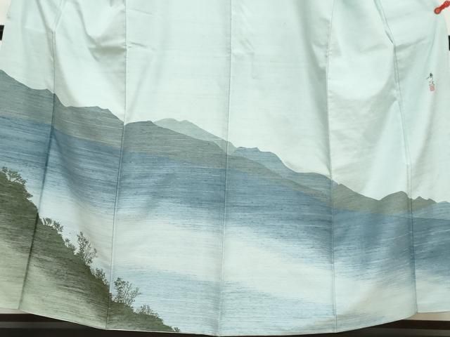 平和屋着物○紅花紬 米沢 新田秀次 訪問着 紬地 遠山風景文 正絹 逸品