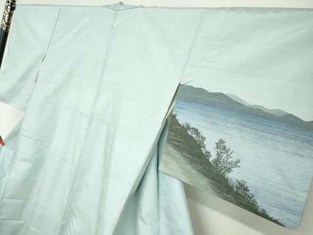 平和屋着物●紅花紬　米沢　新田秀次　訪問着　紬地　遠山風景文　正絹　逸品　DAAZ7700ud 平和屋着物○紅花紬 米沢 新田秀次 訪問着 紬地 遠山風景文 正絹 逸品