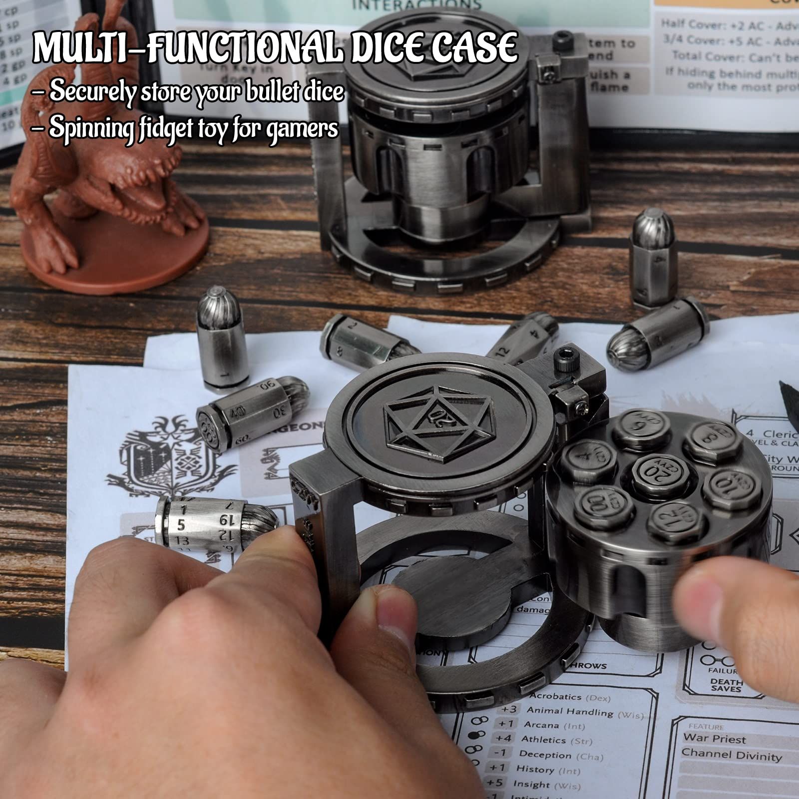 金属製多面体ブレットダイス セット スピニングリボルバーシリンダーコンテナ付き - サイバーパンクスタイルダイス D-D SF 戦争 犯罪をテーマにした卓上ゲーム用 シルバー