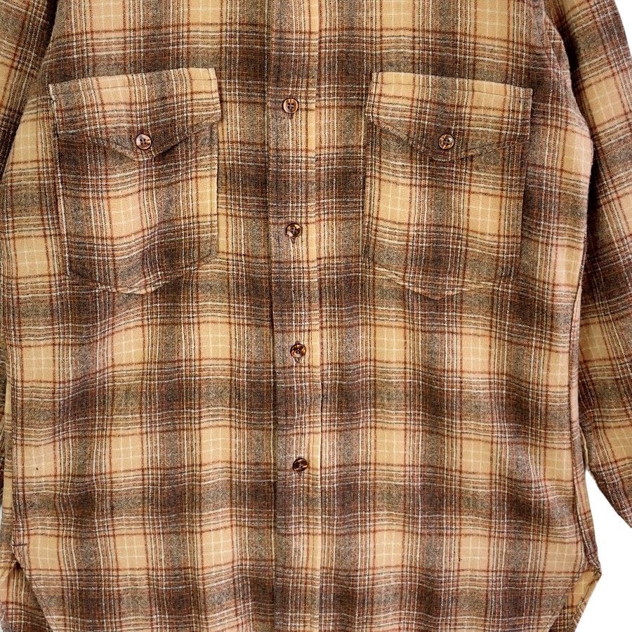 70sUSA製ペンドルトンPendleton長袖ウールシャツフランネルシャツゴツネルチェック柄マルチカラー好配色ブラウン茶色ベージュデカ襟y2kアメトラレトログランパコアグランマコアvintageヴィンテージ51107