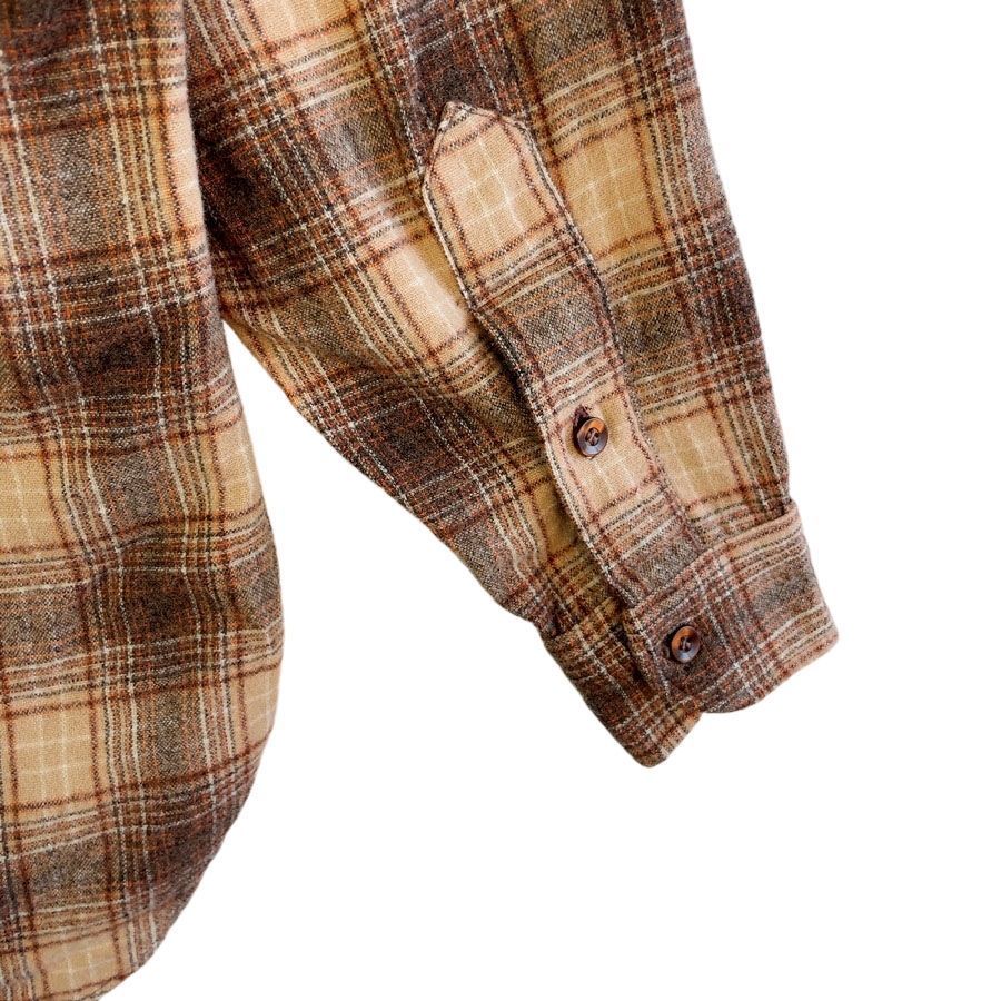 70sUSA製ペンドルトンPendleton長袖ウールシャツフランネルシャツゴツネルチェック柄マルチカラー好配色ブラウン茶色ベージュデカ襟y2kアメトラレトログランパコアグランマコアvintageヴィンテージ51107