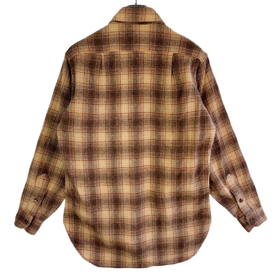 70sUSA製ペンドルトンPendleton長袖ウールシャツフランネルシャツゴツネルチェック柄マルチカラー好配色ブラウン茶色ベージュデカ襟y2kアメトラレトログランパコアグランマコアvintageヴィンテージ51107