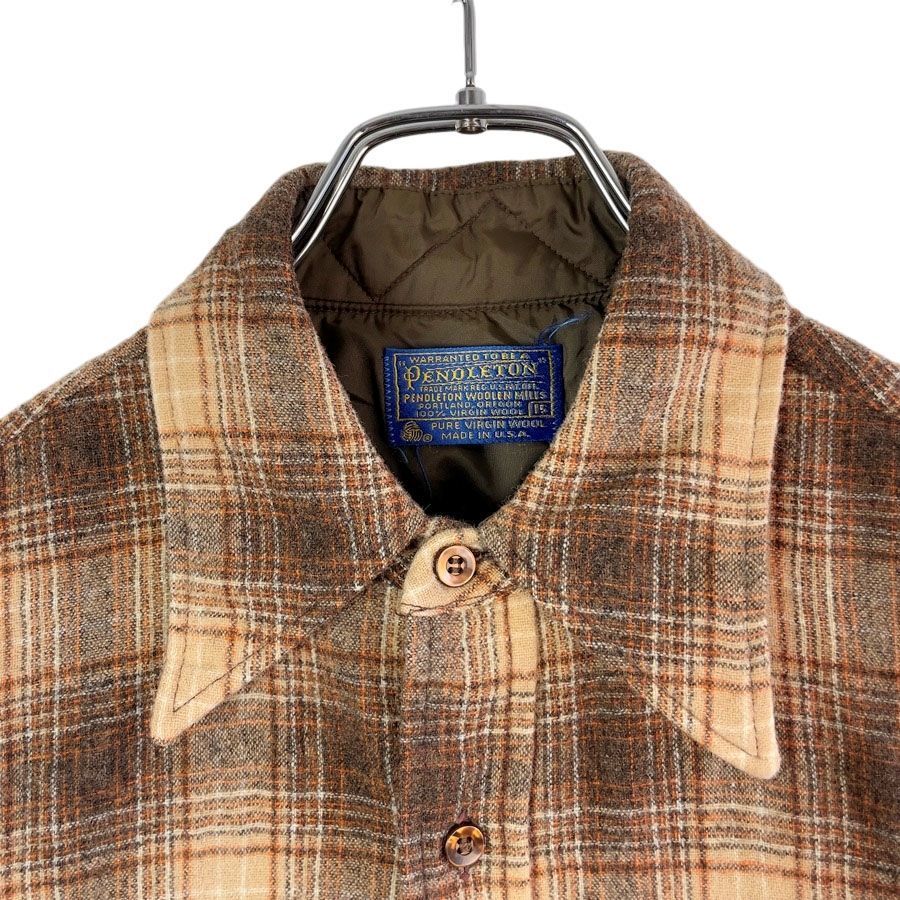 70sUSA製ペンドルトンPendleton長袖ウールシャツフランネルシャツゴツネルチェック柄マルチカラー好配色ブラウン茶色ベージュデカ襟y2kアメトラレトログランパコアグランマコアvintageヴィンテージ51107