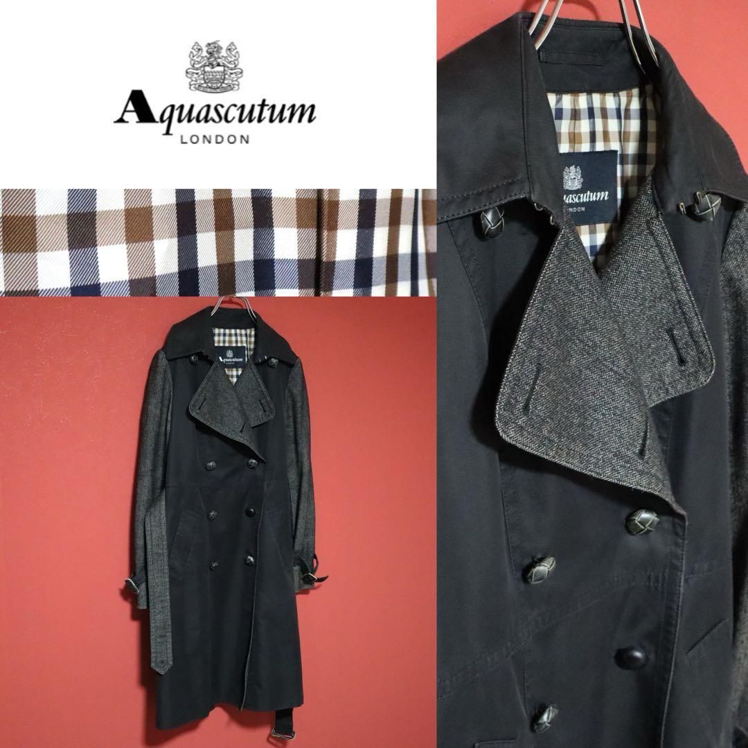 クリーニング済☆ Aquascutum ベルト付きトレンチコート　チェック柄 Aquascutum クラブチェック 切替デザイン ベルト付き トレンチコート
