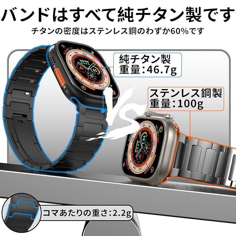 純チタン製 Zumyzu コンパチブル アップルウォッチ バンド Ulrta 3|2|1 Series 11|10|9|8|7|6|5|4 対応 Apple Watch メタル ベルト 49 mm 46 45 44 超軽量 工具不要で長 0