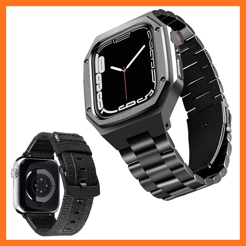 コンパチブル Apple Watch バンド 44 mm 45 2本セット 頑丈な金属製の保護ケース付きメタル時計ベルトと交換用帆布ストラップセット iWatchバンド Series 9 8 7 SE 2 6 5 4に対応 黒 0