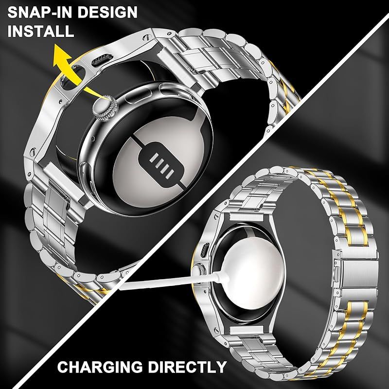 MioHHR ステンレススチールケースとバンドは Google Pixel Watch 3 と互換性があり 45 mm用ストラップ付きメタル保護バンパーカバー 男女兼用 シルバー ゴールド